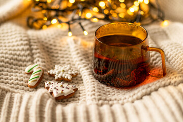 Christmas decor. Mug and Christmas cookies on a knitted sweater. Cozy rest