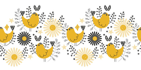 Vector horizontal seamless border with flowers, branches, leaves and birds.