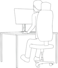 sketch of a man at a table with a computer vector