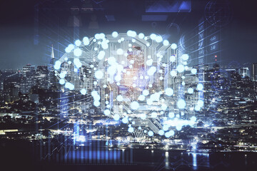 Fototapeta premium Brain hologram drawing on city scape background Double exposure. Brainstorming concept.