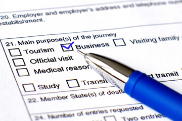 Application form for a visa. The form and pen are on the table.