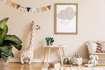 Stylish scandinavian kid room with mock up poster, toys, teddy bear, plush animal, natural pouf and...