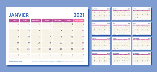 2021 French planner. Calendar template. Vector. Week starts Monday. Table schedule grid. Calender layout with 12 month. Yearly stationery organizer. Horizontal monthly diary. Simple illustration