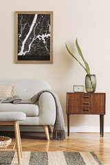 Design scandinavian home interior of living room with mock up poster map, stylish wooden commode,...
