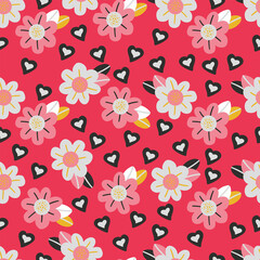 Obraz premium Seamless pattern with flowers and hearts. Bright pink background. Vector illustration.