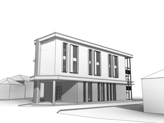 3D illustration of a two floor office building perspective from right corner. Black and white drawing in hidden line style. 