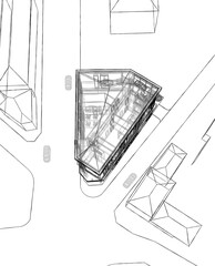 Aerial view 3D illustration of a small office building in corner spot. Wire frame drawing style allows the interior to be seen. 