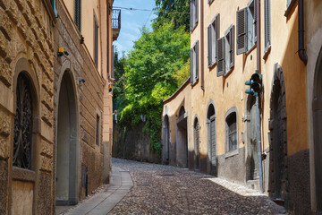 View of the old historic streets in Bergamo. Is a city in the alpine Lombardy region of northern Italy.