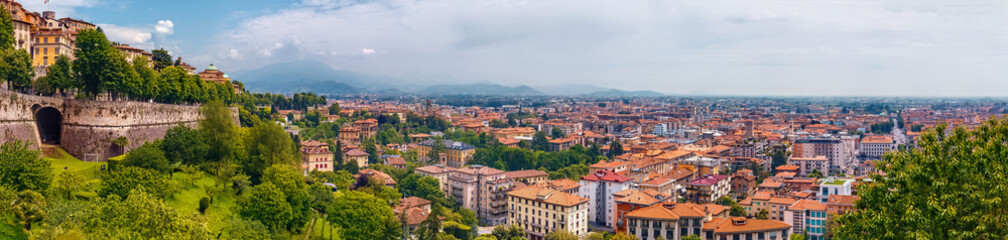 Panoramic aerial view of the old town Bergamo in northern Italy. Bergamo is a city in the alpine Lombardy region.
