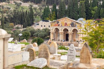 View from  the Gate of Repentance or Gate of Mercy of the Mount of Olives and the Church of All Nations located on it, in the old city of Jerusalem, in Israel