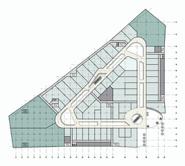 Triangular shaped shopping mall drawing. Architectural floor plan colored in pale green and blue tones. 