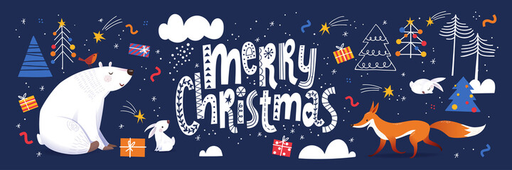 Merry Christmas poster in Scandic doodle style with cute animals.