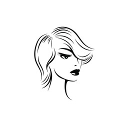 Hairstyle salon and beauty studio illustration.Short, wavy hair woman with elegant makeup.Cosmetics and spa icon isolated on light background.Young lady.Beautiful model face.Luxury,glamour style.