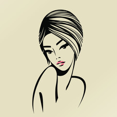 Beautiful woman with elegant hairstyle and makeup.Beauty and hair salon vector logo isolated on light background.Cosmetics studio icon.Pink lipstick and long eyelashes.Cute female.Young lady face.