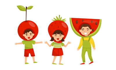 Smiling Little Boy and Girl Wearing Fruit Costumes Vector Set