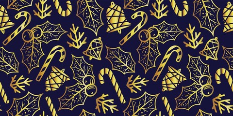 Colored seamless pattern wallpaper with decorative christmas bell, leaf and lollipop for the new year holiday. Winter illustration for december party design