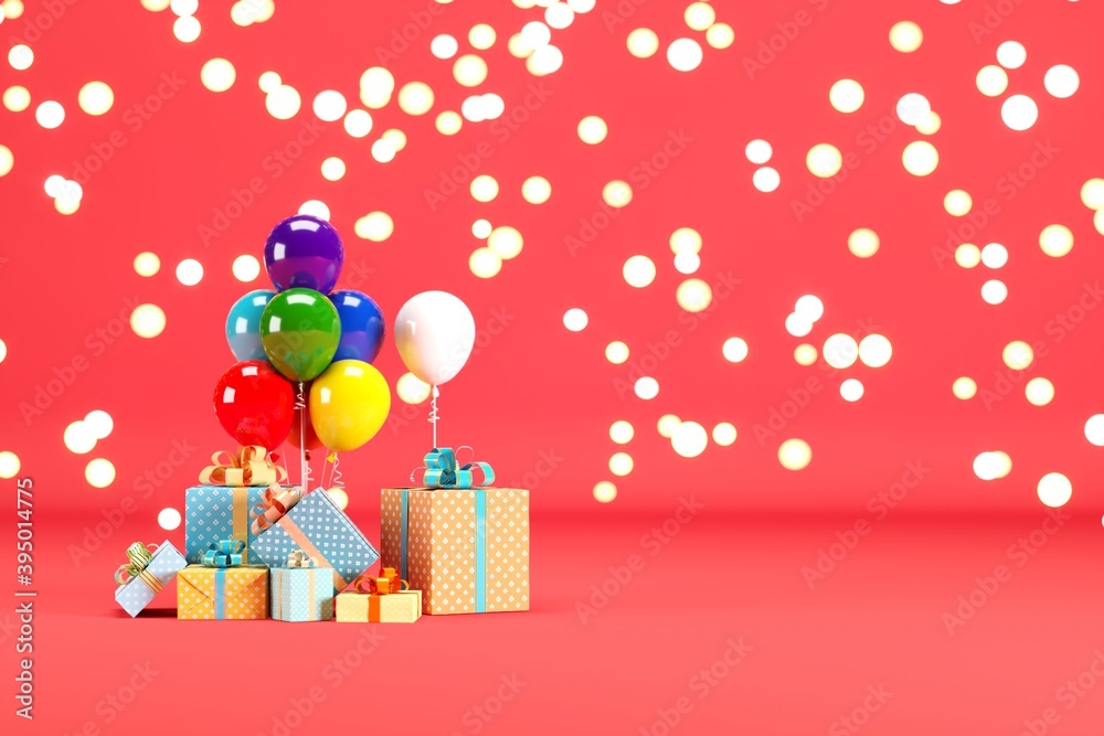 Aufkleber gift box set with colorful balloon on red color background with lighting bokeh backdrop. 3d render. 