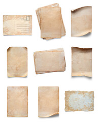 Old dirty pieces of paper. Set. Copy space. Isolated on white
