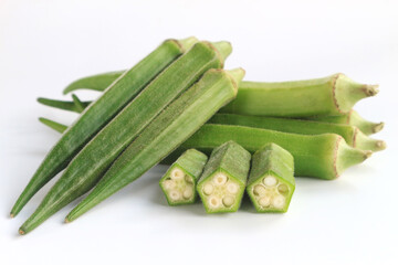 Fresh vegetable okra on white background.