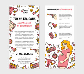Management of pregnancy and prenatal care clinic leaflet flyer for printing in Doodle style, double-sided vector template