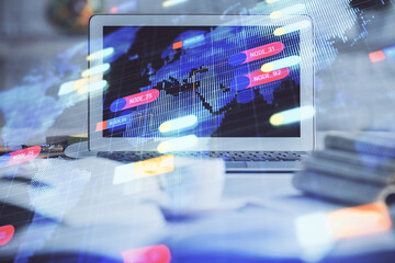 Multi exposure of desktop computer and technology theme hologram. Concept of software development.