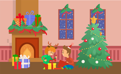 Obraz na płótnie Canvas Christmas holiday celebration children and gifts vector. Unpacking presents, fireplace with boxes decorated with ribbon bows, snowy weather outside