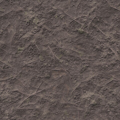 Naklejka premium Background of dark soil with fallen gray-green leaves mixed with mud. Top view of the ground and darkened branches and leaves. 3D-rendering