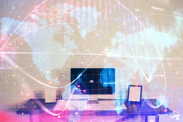 Multi exposure of business theme icons and work space with computer background. Concept of success.