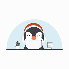 penguin with computer, coffee cup, cactus