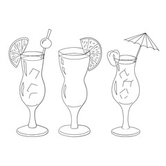 Cocktails in glasses on a white background. Summer drink outline. Cold cocktails with ice, orange, cherry, strawberry. Hand drawing. Vector illustration.