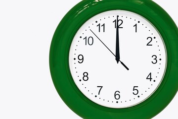 analog clock shows the time of 12 hours