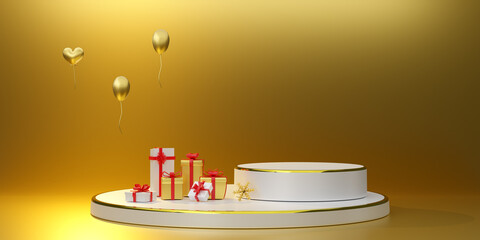 White podium empty with geometric shapes and gift box in Gold composition for modern stage display and minimalist mockup ,Concept Christmas and a festive New Year, 3d illustration or 3d render