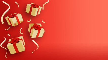 falling golden gift box with red ribbon bow red background 3d rendering