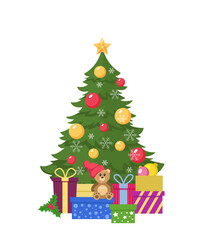Christmas tree with gifts, isolated on white background. Vector illustration in flat style