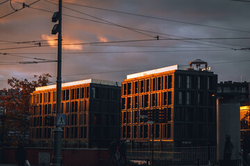 sunset over the beautiful old district in poland wroclaw