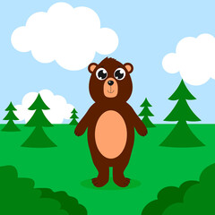 Happy bear in a forest. Vector cartoon illustration. Isolated.