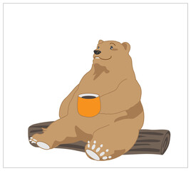 丸太に座りコーヒーを飲む熊