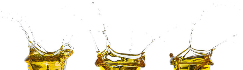 Many shapes of oil splash with air bubbles isolated on white background. Lubricating and industrial oil. Used as wallpaper. New automotive engine oil. Mineral, semi, or fully synthetic of oil..