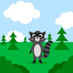 Happy racoon in a forest. Vector cartoon illustration. Isolated.