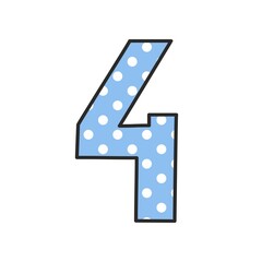 Hand drawn vector number 4 with polka dots on pastel blue isolated on white background