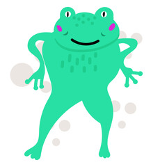 Funny green  frog hand drawn vector illustration, cartoon character. Animal  isolated on white background. Childish t shirt print design