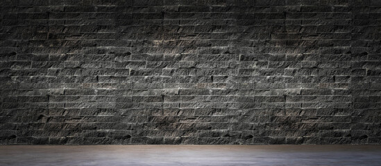 Black-gray brick concrete grunge wall background. Vintage interior of stone wall and gray cement...