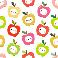 Cute apple fruit kawaii face seamless pattern, abstract repeated cartoon background, vector illustration