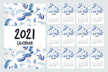 2021 calendar template. Calendar concept design with abstract natural patterns. Set of 12 months 2021 pages. Vector illustration