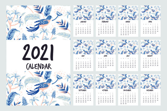2021 calendar template. Calendar concept design with abstract natural patterns. Set of 12 months 2021 pages. Vector illustration