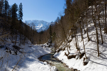 Obraz na płótnie Canvas Mountain view at Partnachklamm in Garmisch-Partenkirchen, Bavaria, Germany, wintertime