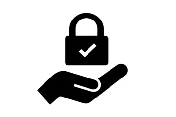 white lock protection icon in flat hands, Shield with lock. Protection icon. Secure access. Password protection. Safety system. Lock icon. Protection activated. Active safety. Guard badge.