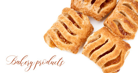 Fresh puff on the white background. Cookies from puff pastry with colored jam. Homemade baking. Dessert for tea. Croissant