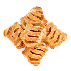 Fresh puff on the white background. Cookies from puff pastry with colored jam. Homemade baking. Dessert for tea. Croissant