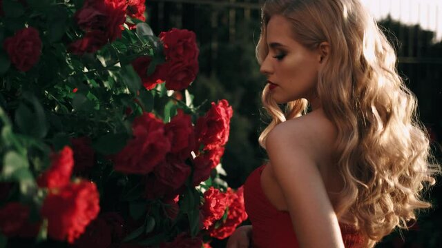 Fabulous girl with red lips in red dress on awesome summer roses background. Fantasy woman portrait. Awesome blonde model expresses emotions. Luxury lady in red is flirting. Beauty and style concept